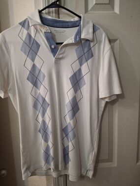 Structure Men’s White Polo with Light Blue Argyle Stripes